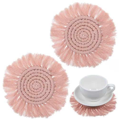 Ymapinc 2Pcs Pink Coasters for Desk - Cute Woven Boho Decor Coasters for Office Desk Bar for Mugs and Cups Women Housewarming Gift for Home and Office