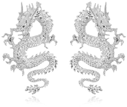 Boucles d'oreilles dragon punk, Boucles d'oreilles dragon chinois antique pour femme, boucle d'oreille de vacances en forme d'animaux de dragon de Bohême pour dames (Argent)