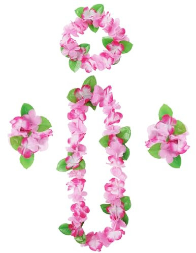 Aomig Hawaii Mottoparty Kostüme Set 4Pcs Hawaiian Hula Sets Hawaiianischer mit Halskette Blume Stirnband Armbänder für Mädchen Frauen Tropical Party FeierKostüm Cheerleading Strand Partys Ostern(Rosa)