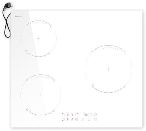 Hobsir Piano Cottura Induzione Bianco, Piano Cottura a Induzione 3 Fuochi con Spina, Piano a Induzione da incasso a 3 Piastre 60CM, 3500W, Funzione Boost, Blocco di Sicurezza, Timer