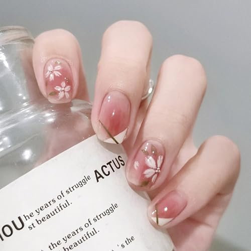 24PCS Camellia-Inspired Press on Nails with Glue – Short Square Round Full Cover Acrylic Fake Nails for Women, Natural & Elegant Look, Easy to Apply for Any Occasion
