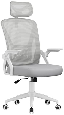 naspaluro Sedia da ufficio ergonomica, con braccioli ribaltabili a 90°, seduta in rete traspirante, funzione rotazione e oscillazione a 360°, adatta per ufficio e casa, grigia.