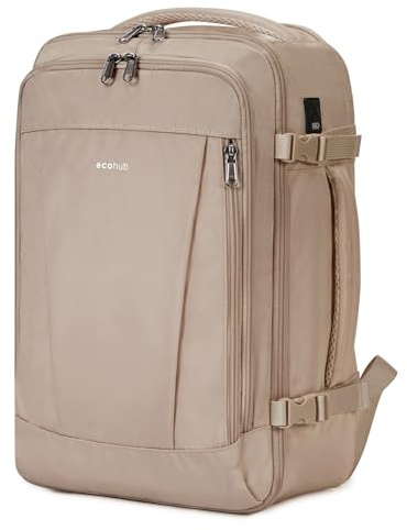 ECOHUB Bagage Cabine 40x20x25 pour Ryanair, 13 Poches Sac a Dos Voyage Cabne Avion, Léger Sac à Dos Sous le Siège 20L, Bagage à Main en PET Recyclé, Sac à Main pour Homme Femme, Marron clair