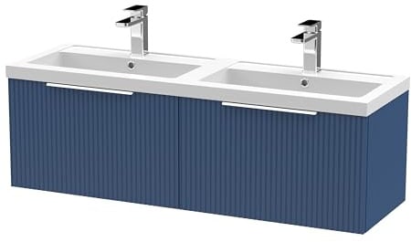 Balterley Vanity Unit with Basin Wall Hung, 2 Drawer Soft Close with 2 Rectangular Sink and Handles, Bathroom Vanity Units with Basin, Fluted Front Sink Cabinet - 1205 x 383 x 399mm (Blue)