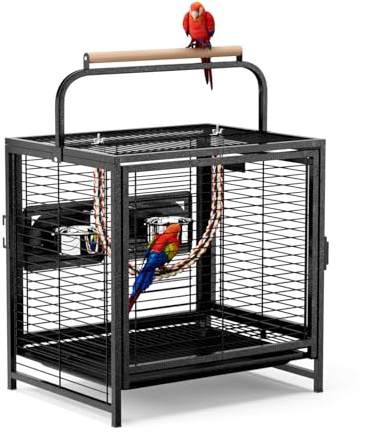 LEADZM Cage Oiseau pour perruches et perroquets, Cage de Transport Portable avec poignée en Bois, Cage en Fer Robuste avec Plateau Amovible, 65 x 48 x 37 cm