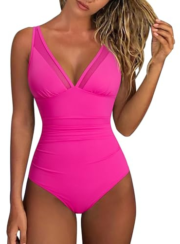 RXRXCOCO V Neck Mesh Sheer Swimming Costume Women Crisscross Backless One Piece Swimsuit Tummy Control Swimwear Rose Red M