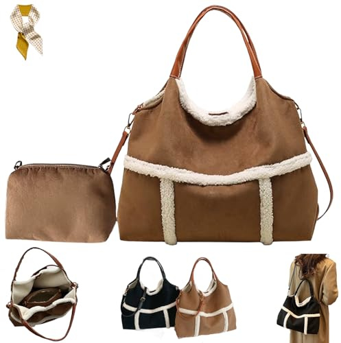 Women Suede Tote with Faux Lamb Wool Lined,Vintage Large Capacity Plush Shoulder Bag,Faux Fur Top Handle Handbag Travel Purse (Brown)