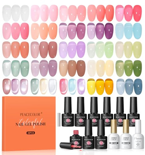 PEACECOLOR 25PCS UV Nagellack Set, 22 Farben Jelly Gel Nagellack für Frauen | Rosa Transparent Lila Hellblau Grün Gel Nagellack mit Base und Top Coat Cat Eye Gel für Gelnägel Frauen zu Hause DIY