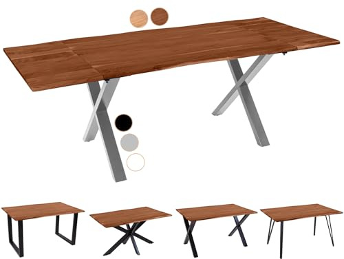SAM Baumkantentisch 180 (280) x 90 cm Avino, Akazienholz nussbaumfarben & massiv, Esszimmertisch mit 2 Ansteckplatten, Silbernes X-Metallgestell, Esstisch ausziehbar 8-10 Personen