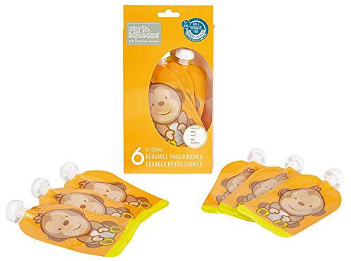 Fill n Squeeze Baby Food Reusable Pouch - Bottom Opening Premium Double Zip - Easy Clean Baby pouches for Weaning, Yoghurt, Purees & Lumpy Homemade Baby Food - BPA & PVC Free - 6 x150 ml