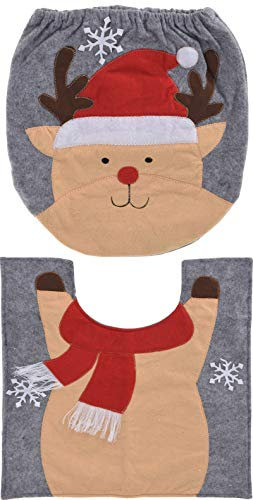 MIK funshopping 2-teiliges Set Toilettensitzbezug, Weihnachts-Design, lustige Weihnachtsdeko für WC, Sitzbezug & Teppich (Rentier)