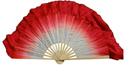 Winged Sirenny Pairs Short Silk Flutter Folding Fan for Worship and Chinese Folk Dance Performance, 4 Silk over 12 Bamboo (white-red)