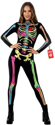 Morph Weibliches Skelett-Kostüm, Skelett-Overall für Damen, Halloween-Kostüme für Damen | Ganzkörper-Body mit buntem Skelettdruck, Hoher Kragen, Rückenreißverschluss, Perfekt für Halloween, Ideal zum Verkleiden