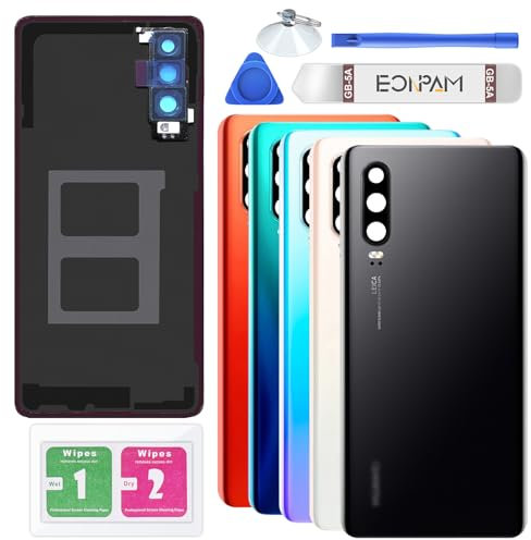 Eonpam Akkudeckel für Huawei P30 Rückseite Glas Original Backcover Back Glas Ersatz Reparatur Set mit Kameraobjektiv (Schwarz)