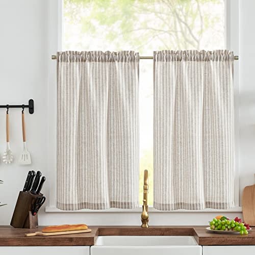 TOPICK Cortina de Cocina con Rayas con Bolsillo para Varilla Opaca Lino Aptas para Cocina Comedor Baño y Pequeñas Ventanas Gris sobre Beige Juego de 2 Unidades 65 x 90 cm