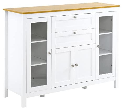 HOMCOM Aparador de Cocina con Armario 2 Cajones 2 Puertas de Vidrio y Estantes Ajustables Muebles Auxiliar de Almacenaje para Comedor Salón 120x40x90 cm Blanco