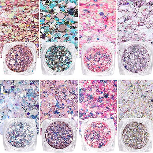 GZMAYUEN Paillettes Glitter Per Unghie 8Pcs Brillantini Per Decorazioni Viola Color Glitter Flakes Unghie Nail Art Set