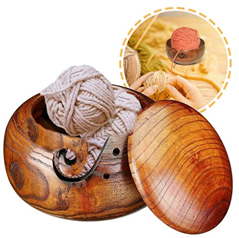 ATB-GIFT Wooden Yarn Bowl, Yarn Bowls for Knitting, Handmade Yarn Holder Bowl with lid for Crochet Knitting Home Decor(16 * 7CM)