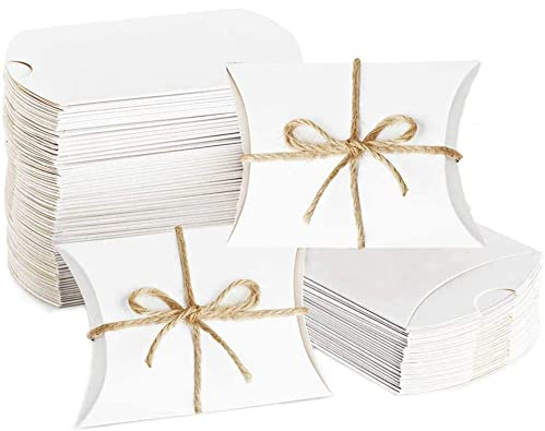 100 Piezas Cajas de Regalo Almohada Blancas, Caja Regalo Vintage de Papel Blanco, Cajas Almohada Caramelo, Caja Dulces Papel, con 100 Cuerdas de Yute, para Envolver dulces en Fiestas, Festivales