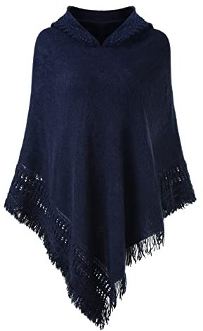 Ferand Damen Poncho mit Kapuze und gehäkeltem Cape mit Fransensaum für Herbst Winter - One Size - Marine