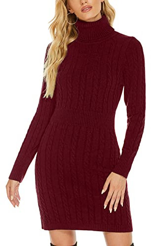 QUNERY Vestito Donna Invernale Elegante,Abito in Maglia Manica Lunga Collo Alto per Autunno,Vestiti Maglione Elasticizzato Casual A-Bordeaux M