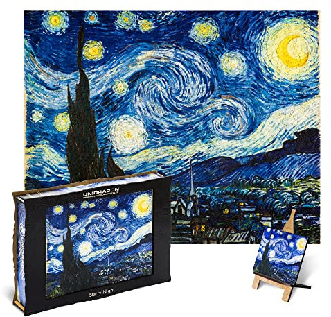 UNIDRAGON Original Wooden Jigsaw Puzzle Art Collection - Starry Night Van Gogh, 1000 pcs, 17.40х22, Beautiful Gift Package, Unique Shape Best Gift for Adults and Kids