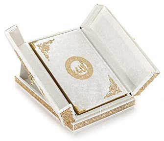 ihvan online Besondere, elegante, mit Samt überzogene dekorative Box, Koranbuch auf Arabisch, islamische Dekorationen für Zuhause, Tischdekoration, islamische Ramadan-Eid-Geschenke, weiß