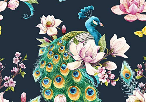 wandmotiv24 Fototapete Pfau Kunst Aquarell Blumen, 400 x 280 cm - selbstklebende Vliestapete 150g, Wanddeko, Wandbild, Wandtapete, Vintage Vogel Feder grün M6582