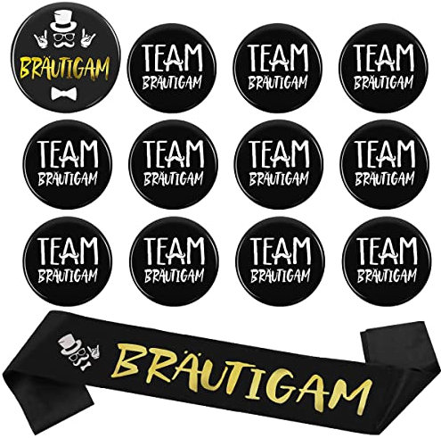 WELLXUNK 14Pcs JGA Deko Männer Bräutigam Schärpe Button Set, Bräutigam Satin Schärpe mit 1 Bräutigam Abzeichen und 11 Team Bräutigam Button Anstecker, 1 Brille für Junggesellenabschied, Hochzeiten