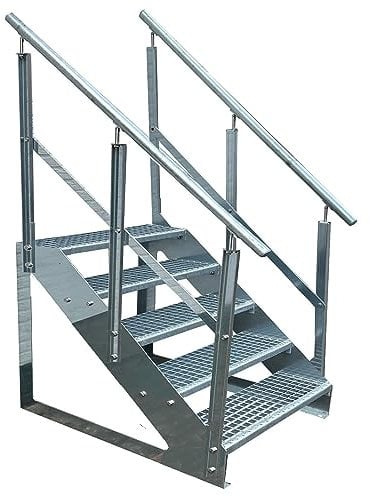 Kaminbau Mierzwa Premium Treppe Freistehend 5 Stufen beidseitigem Geländer (Breite 1400 mm) (Höhe 95cm) Wetterfest Gitterroststufe Gartentreppe