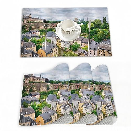Platzset, Satz von 4 Platzsets 30x45 cm,Blick auf die Altstadt von Luxemburg-Stadt Touristenziel E,Gewebte Vinyl-Tischsets, waschbare und langlebige Tischsets, Tischsets für den Innen und Außenbereich