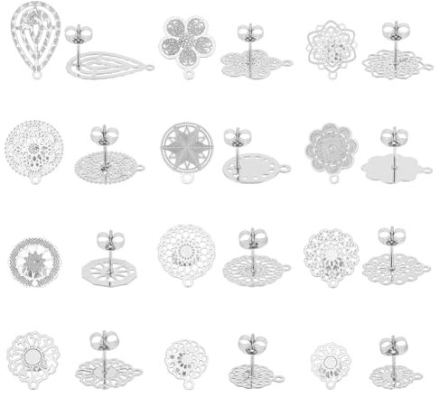 UNICRAFTALE 24 pcs 12 styles Boucles D'Oreilles à Tige en Forme de Fleur Acier Inoxydable avec Boucle Boucles D'Oreilles Bohème Creuses en Filigrane Plat avec Trou en Forme de Larme Composant de Clou