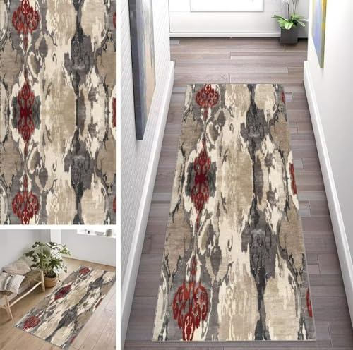 ZUZEKU Alfombra abstracta bohemia para pasillo, cocina, lavable, antideslizante, 110 x 500 cm de largo, marrón y gris, alfombra de cocina, pasillo, salón, dormitorio, por metros, personalizable