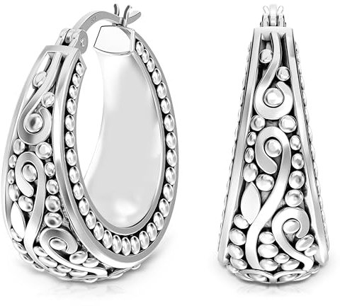 LeCalla 925 Sterling Silber Antik Floral Design Beaded Filigree Creolen Leichte Bali Style Chunky Klick-Top Creolen für Frauen 27 MM