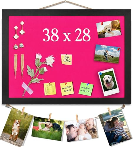 Tableau d'affichage rose en liège avec feutre, 38 x 28 cm, petit tableau d'affichage pour murs, bijoux, notes, collection, photos, bureau, cadre noir et tableau en feutre rose, 1 pièce, Royaume-Uni
