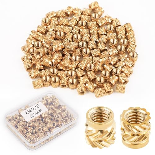 120pcs 3D Printing Brass Nuts, M4x6x6mm Threaded Heat Set Inserts Knurled Brass Nuts Heat Embedment Nut for 3D Printing Parts Loptop Automotive Plastic Shell