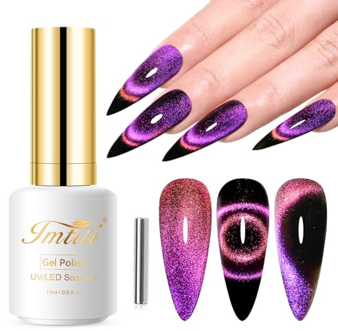 Imtiti 9D Cat Eye Gel Nail Polish, 15ML Purple Chameleon Holographic Glitter Cat Eye Gel Polish with Magnet UV LED Magnetic Gel Nail Polish Sparkly Home DIY Manicure Nail Salon Kit