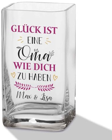 GRAVURZEILE Blumenvase mit UV Druck - Glück ist eine Oma - Personalisiert mit Namen - Moderne Vase aus Glas - Personalisierte Geschenke für Frauen - Deko Geschenkidee zum Geburtstag - 20x11cm
