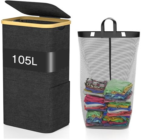 GLOWPOINT 105L Laundry Basket with Lid, Large Foldable Washing Basket with Removable Inner Bag, Water-resistant Oxford Laundry Hamper, Laundry Bin for Bedroom, Bathroom, Laundry Room,Black
