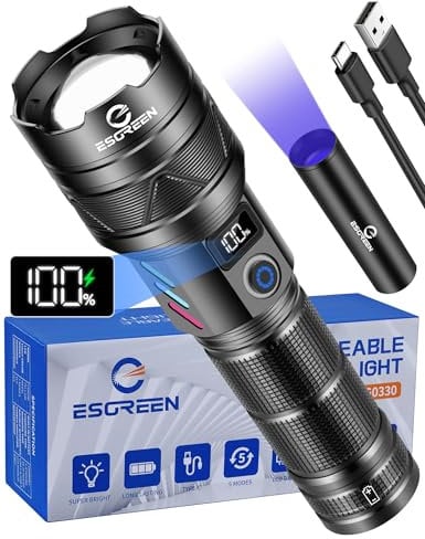 ESGREEN LED Taschenlampe Extrem Hell 500000 Lumens Lange Reichweite, USB C Aufladbar Taktische Starke taktische Flashlight mit Hohe Kapazität Akku, Zoombar 5-Modi Groß Torch Light für Camping Security