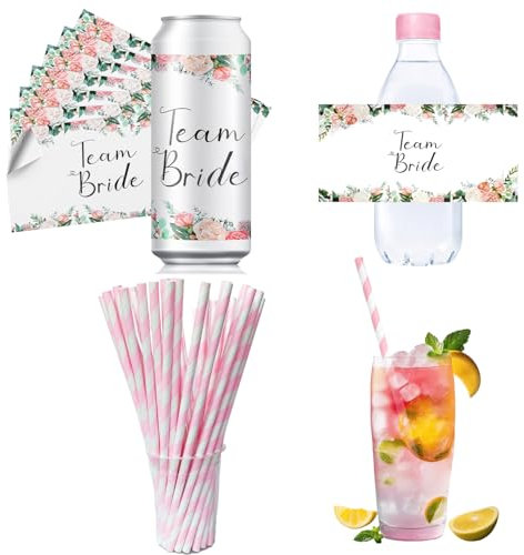 Dbuwqips 40 Stück JGA Sticker Sticker JGA JGA Aufkleber fürProsecco Dosen Team Bride Deko Aufkleber Hochzeit mit Strohhalme Papier für JGA Hochzeit Getränkedosen Junggesellinnenabschied Party
