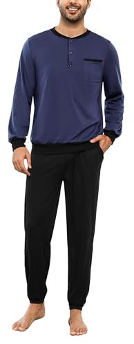 Bresdk Pigiama Uomo Invernale in Cotone Lungo a Maniche Lunghe e Pantaloni Pigiami Due Pezzi da Uomo con Tasche Blu Nero M