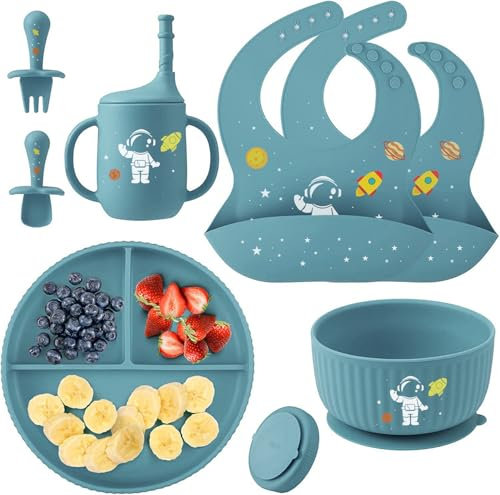 Baby Weaning Set with Pattern, Suction Bowls Sets, Silicone Baby Feeding Set, Baby Weaning Essentials with Adjustable Bib, Suction Plate, Cup, Spoon and Fork