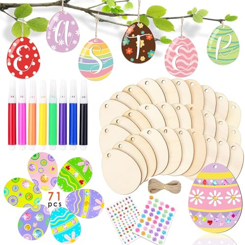 Seamart Ostern Basteln Holz, 71 Stück Ostern Bastelset Kinder, Holzanhänger Ostern zum Bemalen Deko, Ostern Anhänger Holz