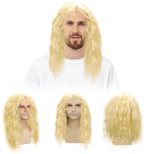 Herbst Perücke Herren Blonde, Herrenperücke Gelockte Männer Perücken Lange, Perücke Männer Wave 70er 80er Disco Hippie Rockstar Cosplay Halloween Fasching
