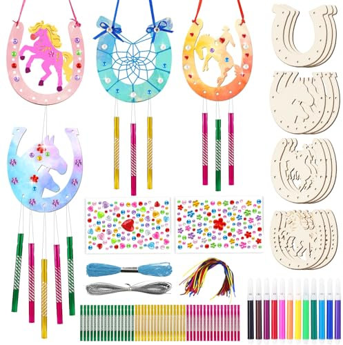 VOPIWOZ 16 Stück Windspiel Bastelset Kinder, Holz Hufeisen Deko, Kindergeburtstag Basteln, Diamond Painting Kinder, Bastelset Kindergeburtstag für Geburtstagsgeschenk für Mädchen Junge