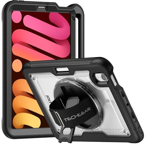 TECHGEAR JOLT-SHELL - Custodia per Apple iPad Mini 7/Mini 6 da 8,3 [7a/6a generazione], resistente, sottile, antiurto, con supporto girevole a 360° e cinturino da polso, trasparente