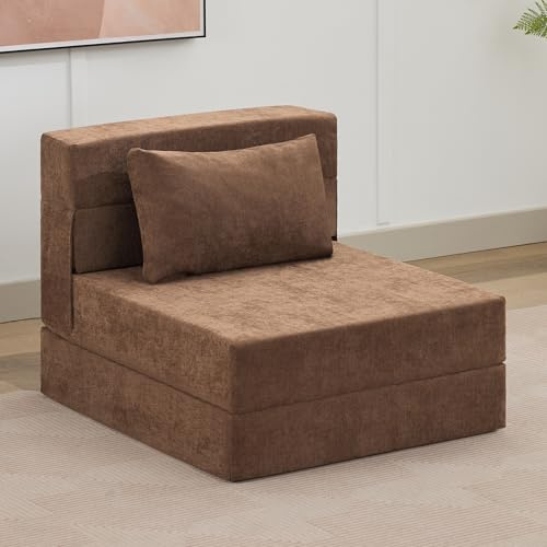 WUTUTUEE Sofá cama plegable convertible para suelo, silla plegable con almohada, futón de lino, colchón plegable de espuma viscoelástica para dormitorio, sala de estar, dormitorio, oficina (marrón
