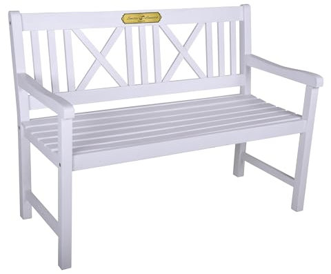 Casa Vivente Gartenbank Weiß mit Gravurplakette, Holzbank Hochzeit, Wetterfeste Hochzeitsbank aus Holz, Weiße Gartenmöbel für 2 Personen, Gravierte Hochzeitsbank