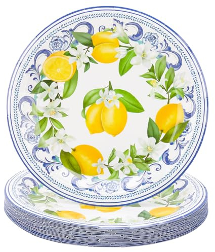 BUWUSMU Lot de 120 assiettes en carton Capri Lemon de 17,8 cm, assiettes de fête jetables pour fête d'anniversaire sur le thème du citron, pour 120 invités